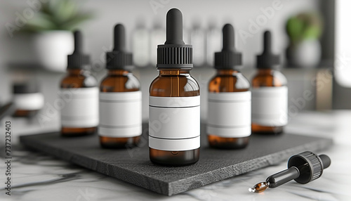 Multiple amber dropper bottles with blank white labels on a black slate coaster, in a modern kitchen setting.