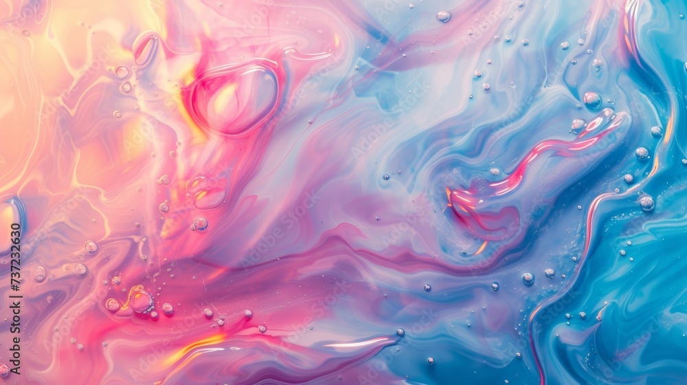 A vibrant dance of pink and blue liquid textures with hints of yellow, creating an abstract visual that resembles natural geological formations