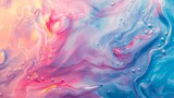 A vibrant dance of pink and blue liquid textures with hints of yellow, creating an abstract visual that resembles natural geological formations