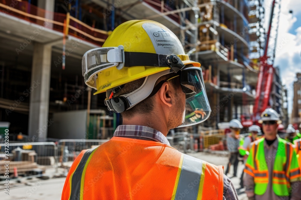 A group of construction workers in their protective gear standing together on a construction site, A worker using wearable tech to enhance efficiency on a construction site, AI Generated A group of construction workers in their protective gear standing together on a construction site, A worker using wearable tech to enhance efficiency on a construction site, AI Generated