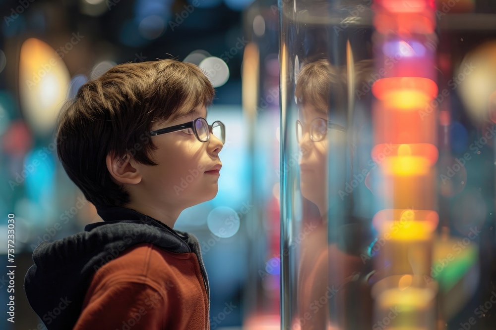 A young boy wearing glasses stands in front of a display case, attentively observing its contents, A young boy filled with wonder at a science museum, AI Generated
