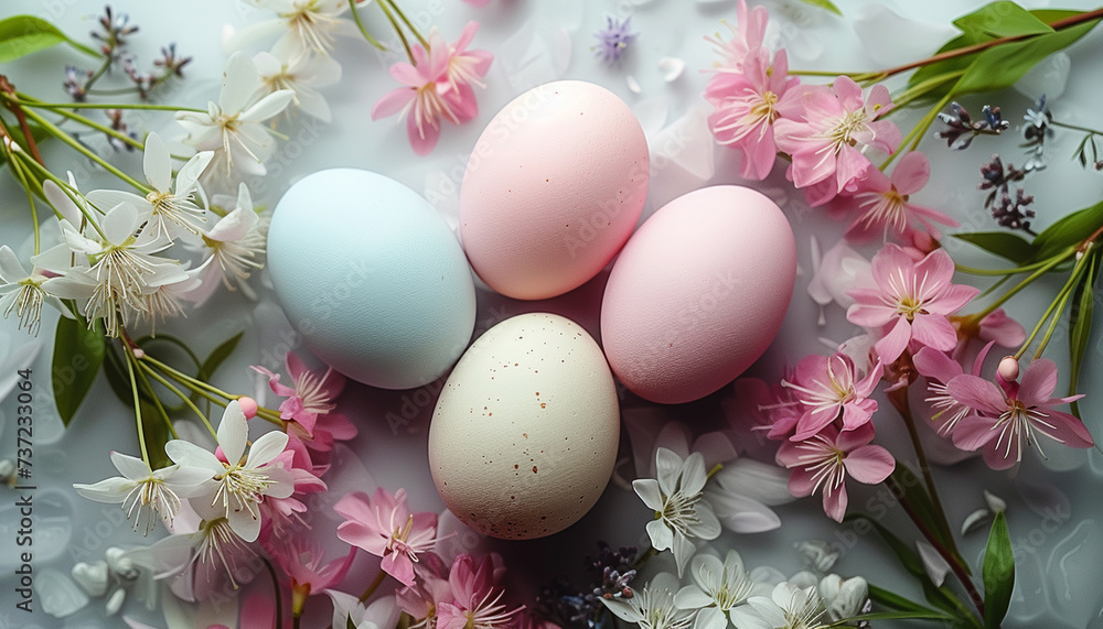 Pastel Easter eggs in soft blue, pink, and cream colors, delicately sprinkled with specks, are surrounded by a halo of gentle spring flowers.