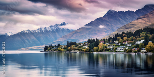QUEENSTOWN STUNNING PLACES, Lake Wakatipu Near Queenstown, Sunset Over Queenstown, Generative AI photo