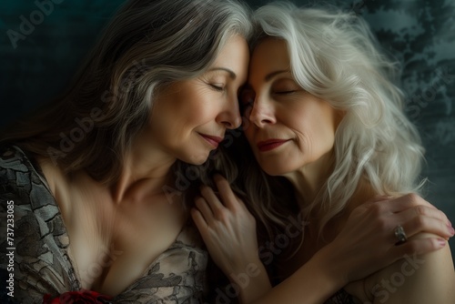 Beautiful, sensual portrait of two mature lesbian women with long grey hair and white hair, delicate tender embrace and elegant, feminine dress, eyes shut, kind smile, hands gently caressing 