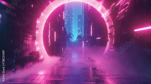 Neon Pink Portal to Urban Skyline in Cyberpunk Metaverse