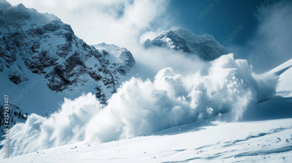 Massive snow clouds billow from an avalanche on a steep mountain slope, highlighting the scale and power of nature. Massive snow clouds billow from an avalanche on a steep mountain slope, highlighting the scale and power of nature.