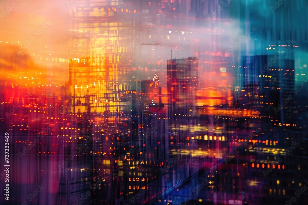 A photo capturing the illuminated skyline of a bustling city at night, showcasing numerous towering buildings, Abstract background depicting the vibrant chaos of a city skyline at dusk, AI Generated A photo capturing the illuminated skyline of a bustling city at night, showcasing numerous towering buildings, Abstract background depicting the vibrant chaos of a city skyline at dusk, AI Generated