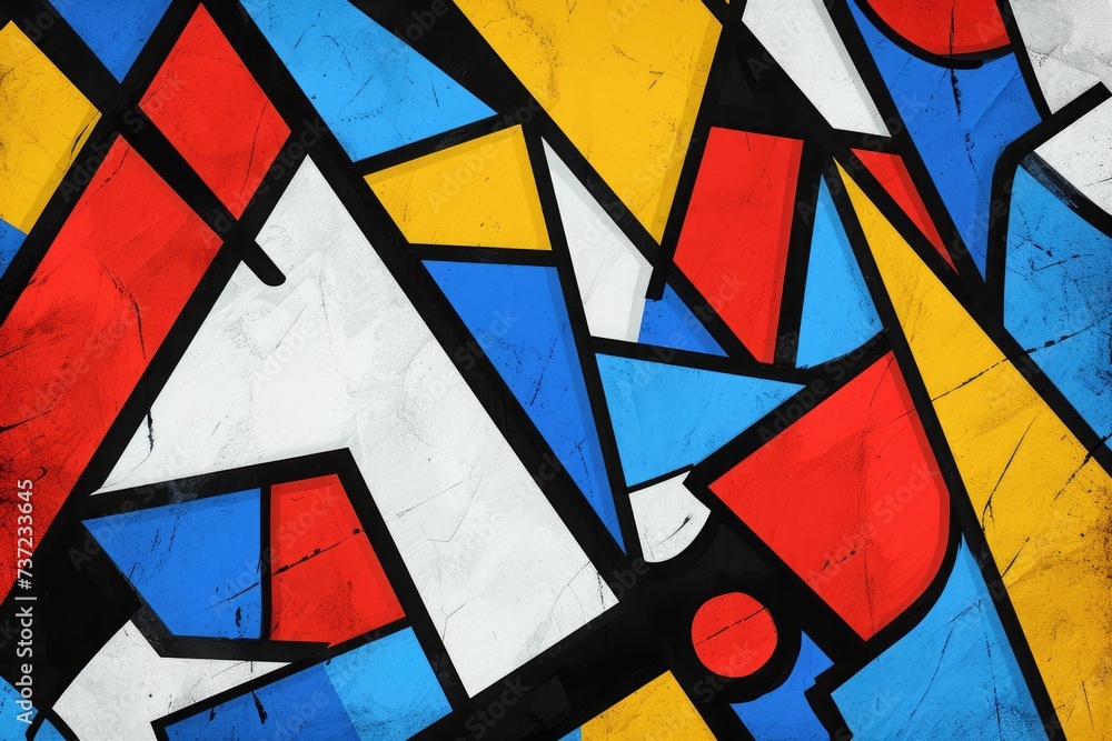Fototapeta premium This photo showcases a vibrant painting composed of various colorful shapes adorning a wall, Abstract background featuring bold, geometric shapes in primary colors, AI Generated