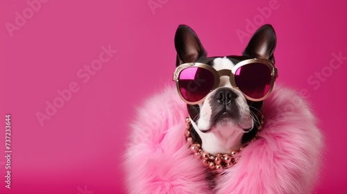 Creative animal concept. Boston Terrier dog puppy in glam fashionable couture high end outfits isolated on bright background advertisement, copy space