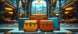 Large suitcases stand in the lobby of the hotel on the background