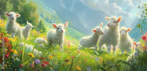 A picturesque meadow adorned with vibrant spring blooms becomes the playground for a group of irresistibly cute and fuzzy baby lambs photo