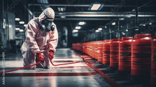 A scientist, a specialist wearing a white protective suit, checks for the presence of a dangerous chemical, Disinfects surfaces from viruses and bacteria in a public place.