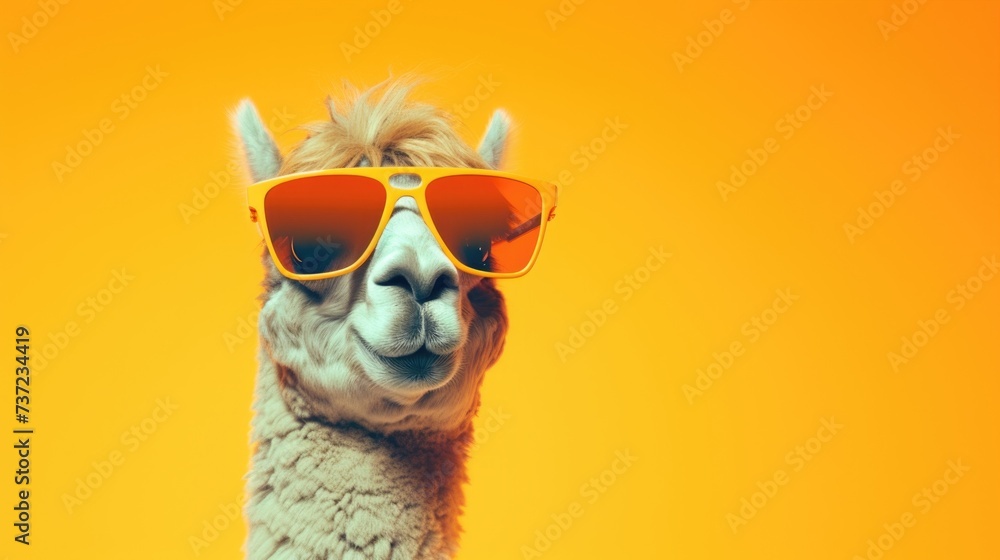 Creative animal concept. Camel in sunglass shade glasses isolated on solid pastel background, commercial, editorial advertisement, surreal surrealism Creative animal concept. Camel in sunglass shade glasses isolated on solid pastel background, commercial, editorial advertisement, surreal surrealism