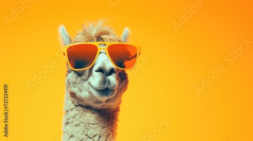 Creative animal concept. Camel in sunglass shade glasses isolated on solid pastel background, commercial, editorial advertisement, surreal surrealism