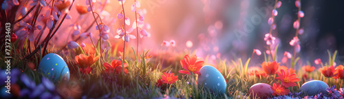 Easter Morning: Colorful Eggs Nestled Among Blooming Flowers in a Sunlit Meadow