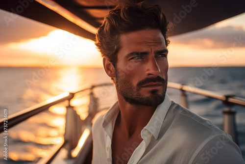 Photo of attractive man on a yacht against the background of a bronze sunset made with generative ai