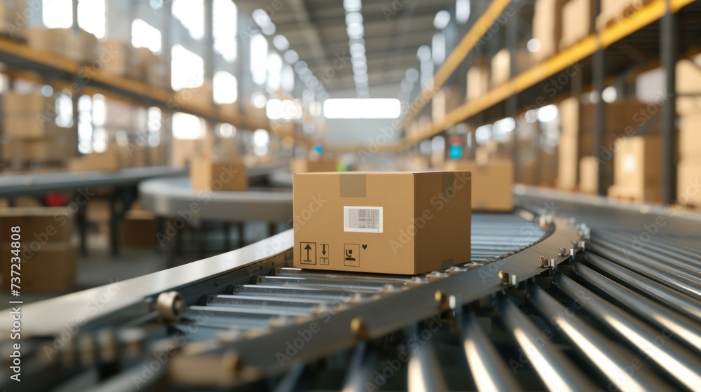 Cardboard boxes on a conveyor line, Delivery concept image Cardboard boxes on a conveyor line, Delivery concept image