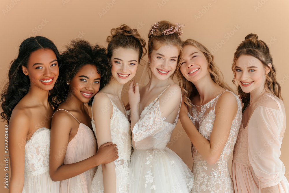 Diverse happy group of young women brides over beige background. Bridal fashion and multinational models