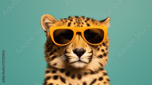 Creative animal concept. Cheetah in sunglass shade glasses isolated on solid pastel background, commercial, editorial advertisement, surreal surrealism © Zainab