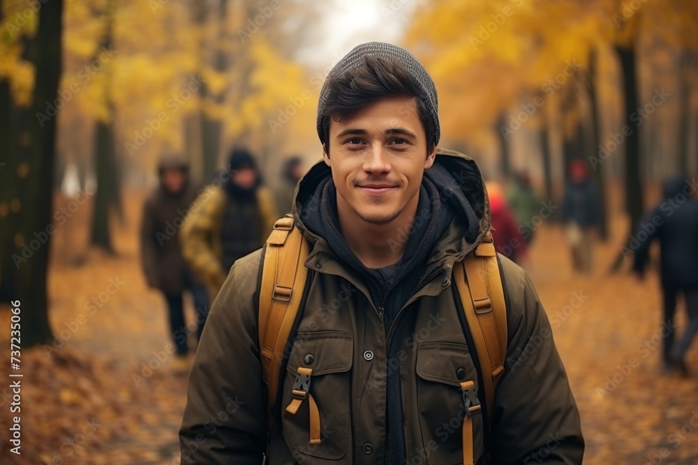 Young man in sports clothes walks in autumn forest with a backpack, A group of tourists behind