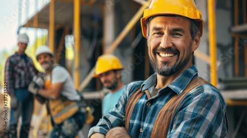 photo of Happy of a team construction worker working at the construction site.
