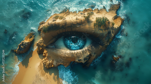 A conceptual image of a beach viewed from above forming a face based on the topology of the area photo