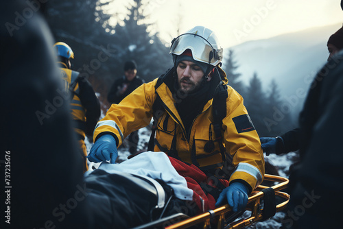 Generative AI photo image of rescuers saving people in mountains dangerous extremely risky winter ski sport