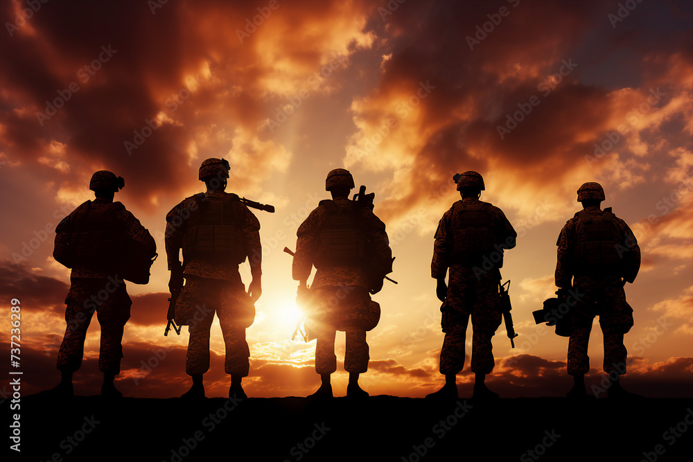 Armed and strong soldiers of special forces fighting against aggressors on sunset background made with generative AI