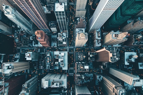 This photo captures an expansive aerial view of a city featuring a diverse range of tall buildings and urban infrastructure, Aerial shot of a skyscraper dominated business district, AI Generated