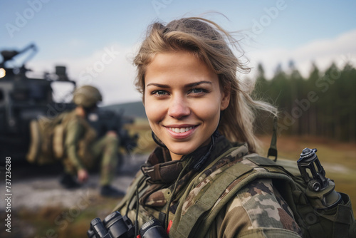 AI generated portrait of confident fully equipped and armed soldier fighting against aggression on battle field