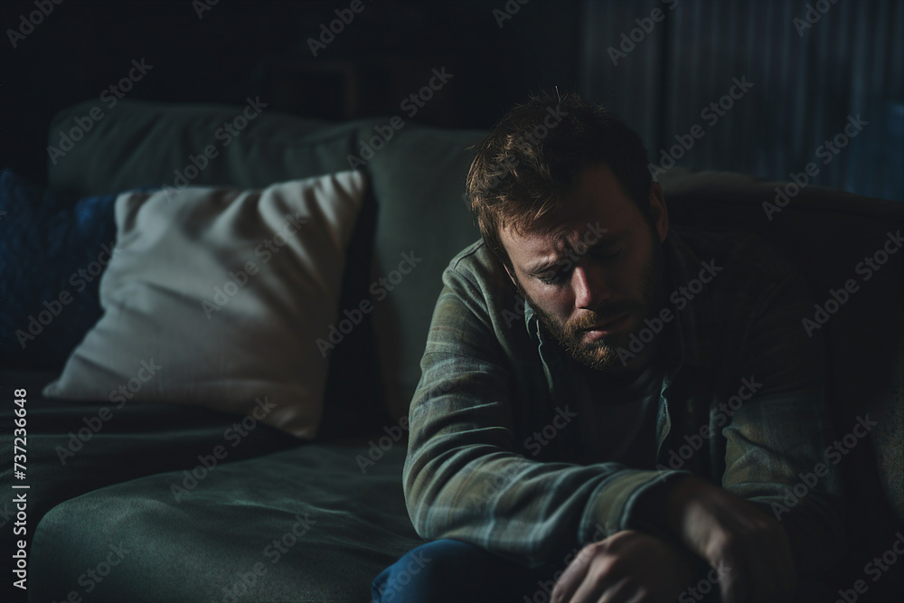 Generative ai picture of tired depressed man alone in dark environment mental health and psychological problem concept Generative ai picture of tired depressed man alone in dark environment mental health and psychological problem concept