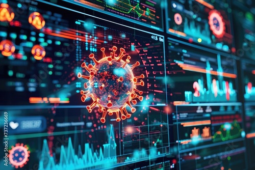 A photograph of a computer screen displaying a symbol representing the Corona virus, AI predicting pandemic spread using big data, AI Generated