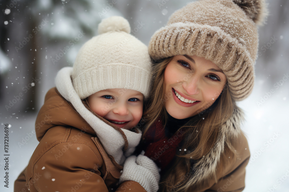 AI generated picture of mum and child walk together on a snowy street new year magic time outdoors