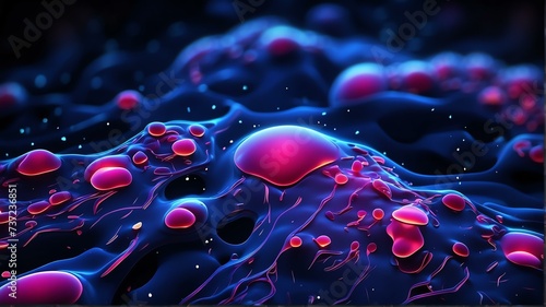 Futuristic dark blue neon theme glowing abstract background with bacilli bacteria cells from Generative AI photo