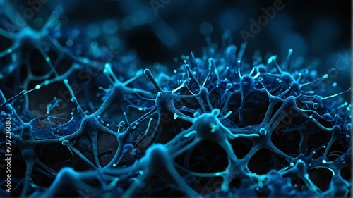 Futuristic dark blue neon theme glowing background biological living micro organisms cells from Generative AI © Arceli