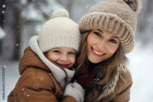 AI generated picture of mum and child walk together on a snowy street new year magic time outdoors