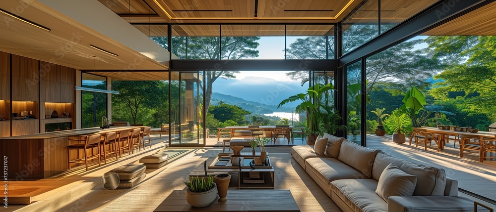 beautiful luxury living room interior design with natural tropical forest view , travel tourism theme,  Generative Ai