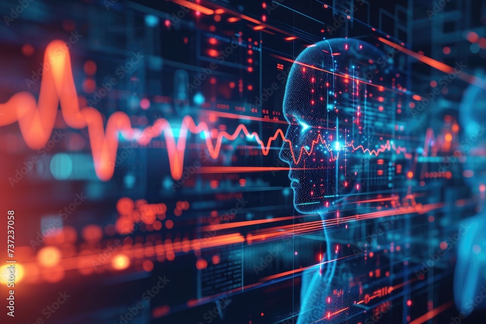 Persons Head in Front of Digital Background, AI-powered early warning system for cardiac arrest, AI Generated Persons Head in Front of Digital Background, AI-powered early warning system for cardiac arrest, AI Generated