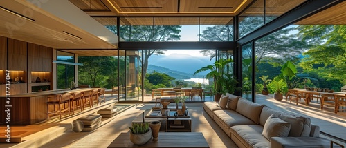 beautiful luxury living room interior design with natural tropical forest view , travel tourism theme,  Generative Ai © QuietWord