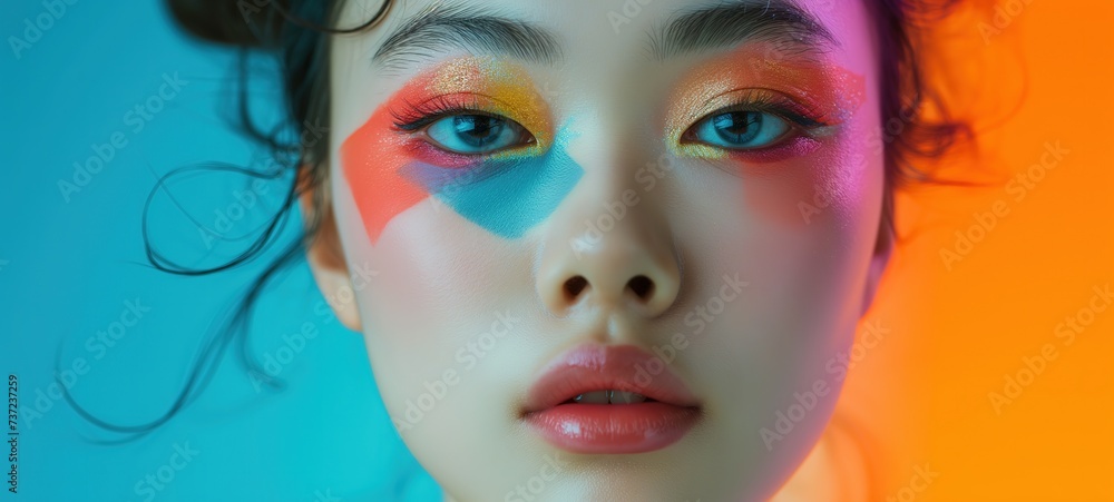 closeup woman face wearing make up painted geometric shape in bright color on her eyelids, Generative Ai