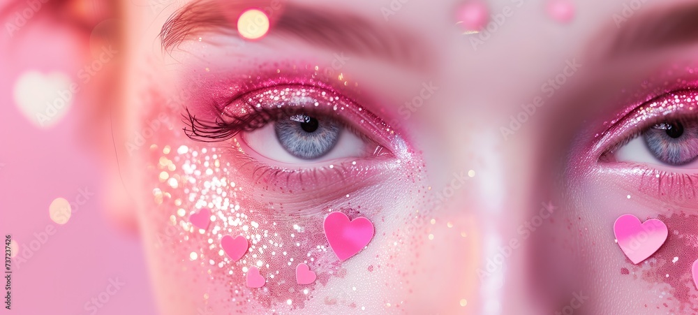 closeup woman eye wearing  pink make up with feather and  glitter glow diamond dust, fantasy fairytale angelic look , Generative Ai