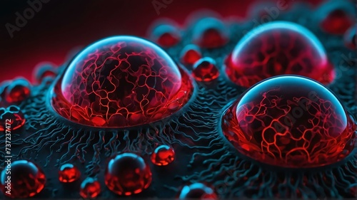 Futuristic dark red neon theme glowing background biological living micro organisms cells from Generative AI