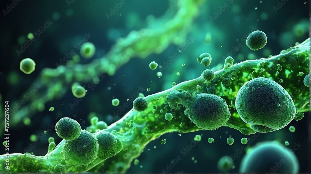 Futuristic green theme glowing abstract background with bacilli bacteria and flu virus cells from Generative AI