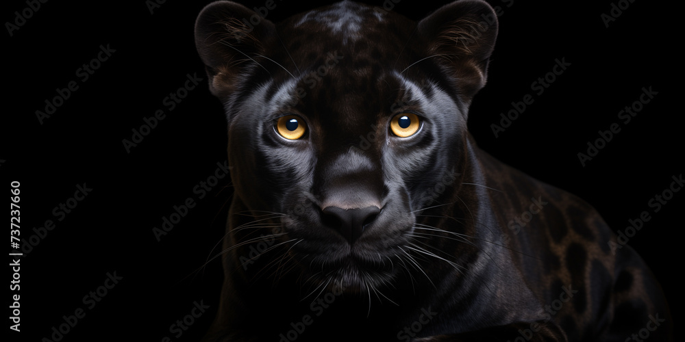 Close-up portrait of a panther on a black background 