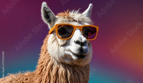 Funny llama wearing sunglasses in studio with a colorful and bright background. Generative AI © Xabi