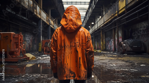 a person in an orange jacket stained with black fuel oil dripping from it, in a dirty abandoned industrial area photo