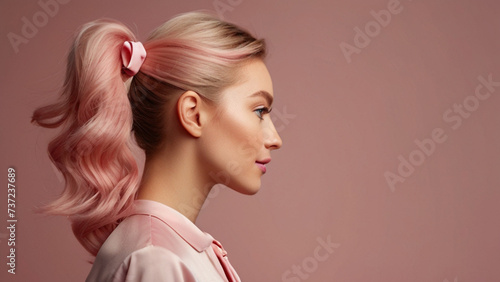 Beautiful young woman with wavy pastel pink colored hair and satin pink bow hairclip
