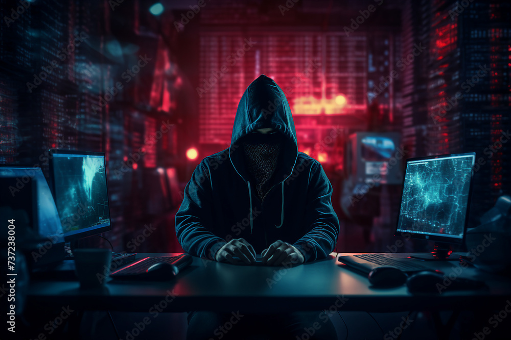 Experienced hacker in action breaking software protection server code Generative Ai image pic Experienced hacker in action breaking software protection server code Generative Ai image pic