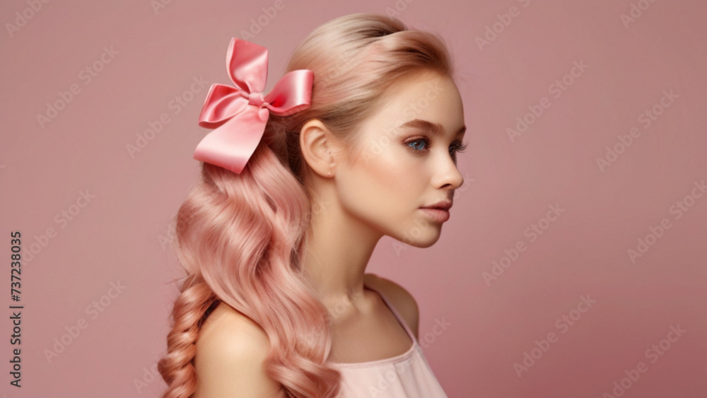 Beautiful young woman with wavy pastel pink colored hair	and satin pink bow hairclip