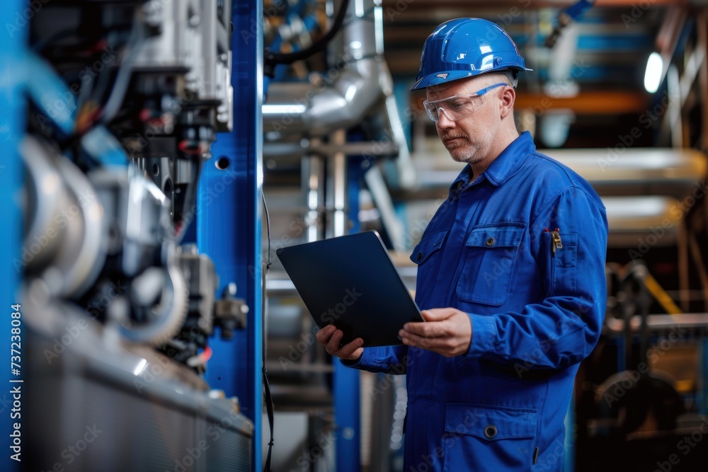 engineer in blue jumpsuit holding laptop computer in a warehouse engineer in blue jumpsuit holding laptop computer in a warehouse